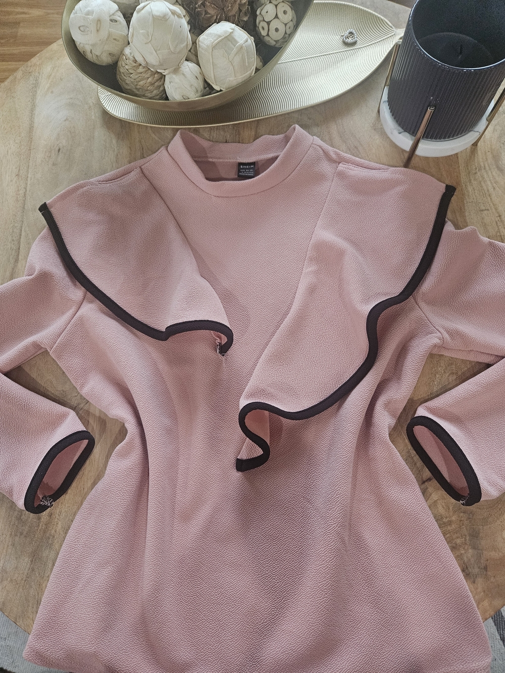 SHEIN Pink Ruffle-Trim Long Sleeve Top with Black Edge